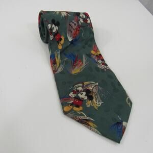 The Disney Store 100 Silk Mickey Mouse Tie Fly Fishing Graphic on Green Teal